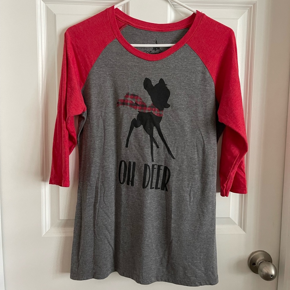 Disney Bambi Christmas 3/4 Sleeve T-Shirt. Size M, Gray/Red.